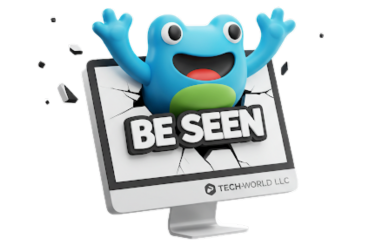 Be Seen mascot popping out of monitor – Tech-World LLC